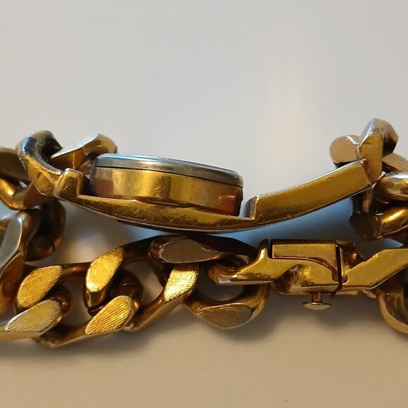 Vtg Baron 17 Jewels Gold Tone Rectangular Dial Stainless Chained Bracelet Watch - Picture 9 of 12